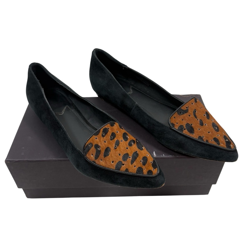 Brian Atwood B Villa Leopard Cheetah Suede Flat Loafers Shoes Slip On Point Toe